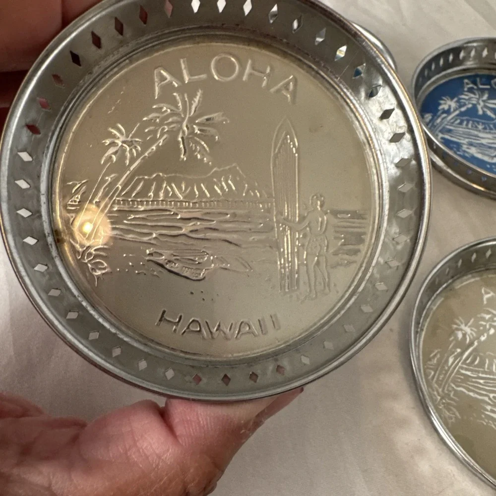 Vintage Hawaii Aloha Tin Metal Coasters Surfer Tiki Bar Man‎ Cave 3